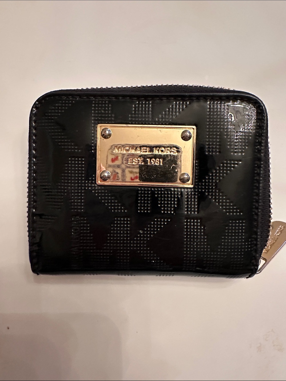 Michael Kors Black Patent Logo Zip-Around Coin Wallet with Gold Plaque
